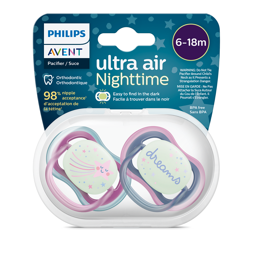 Philips Avent Ultra Air nočna duda 6-18m, deček, 2kom SCF376/14