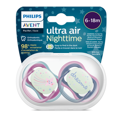 Philips Avent Ultra Air nočna duda 6-18m, deček, 2kom SCF376/14